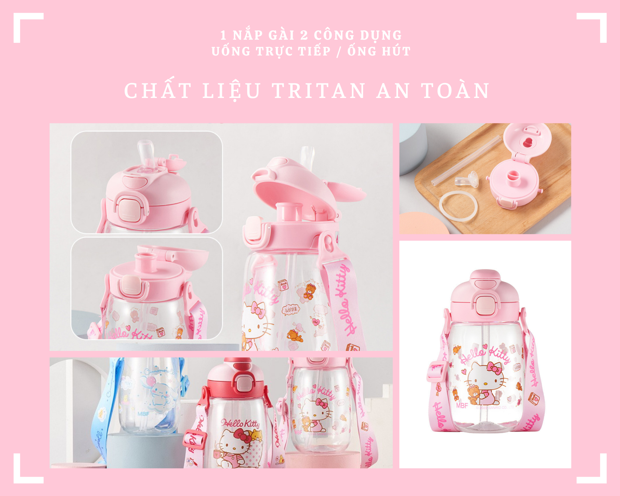 Bình Nước Dây Đeo Nhựa Tritan Kitty Cho Bé