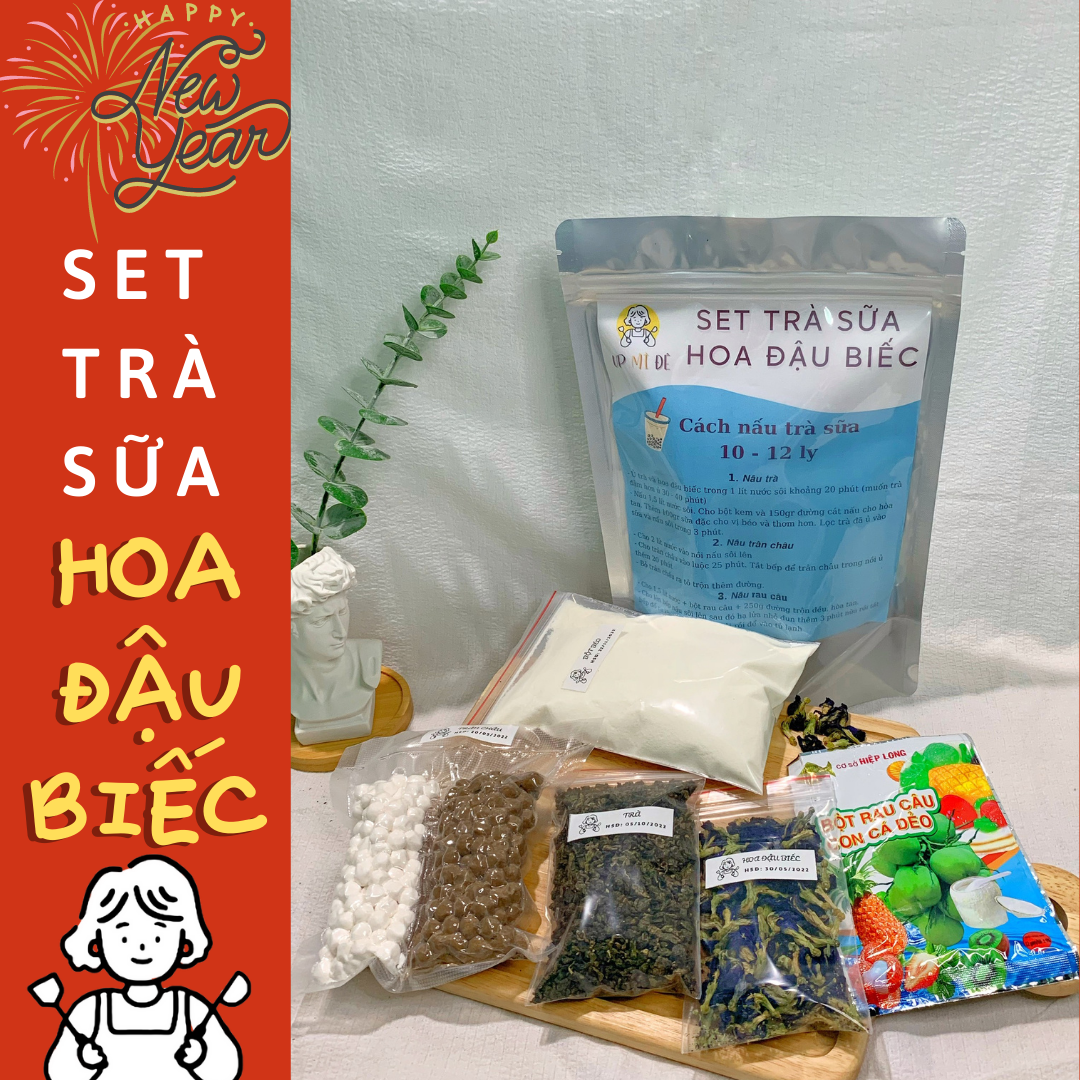 Set Nguyên Liệu Trà Sữa Hoa Đậu Biếc Nấu 10 - 12 Ly Full Topping - UP MÌ ĐÊ