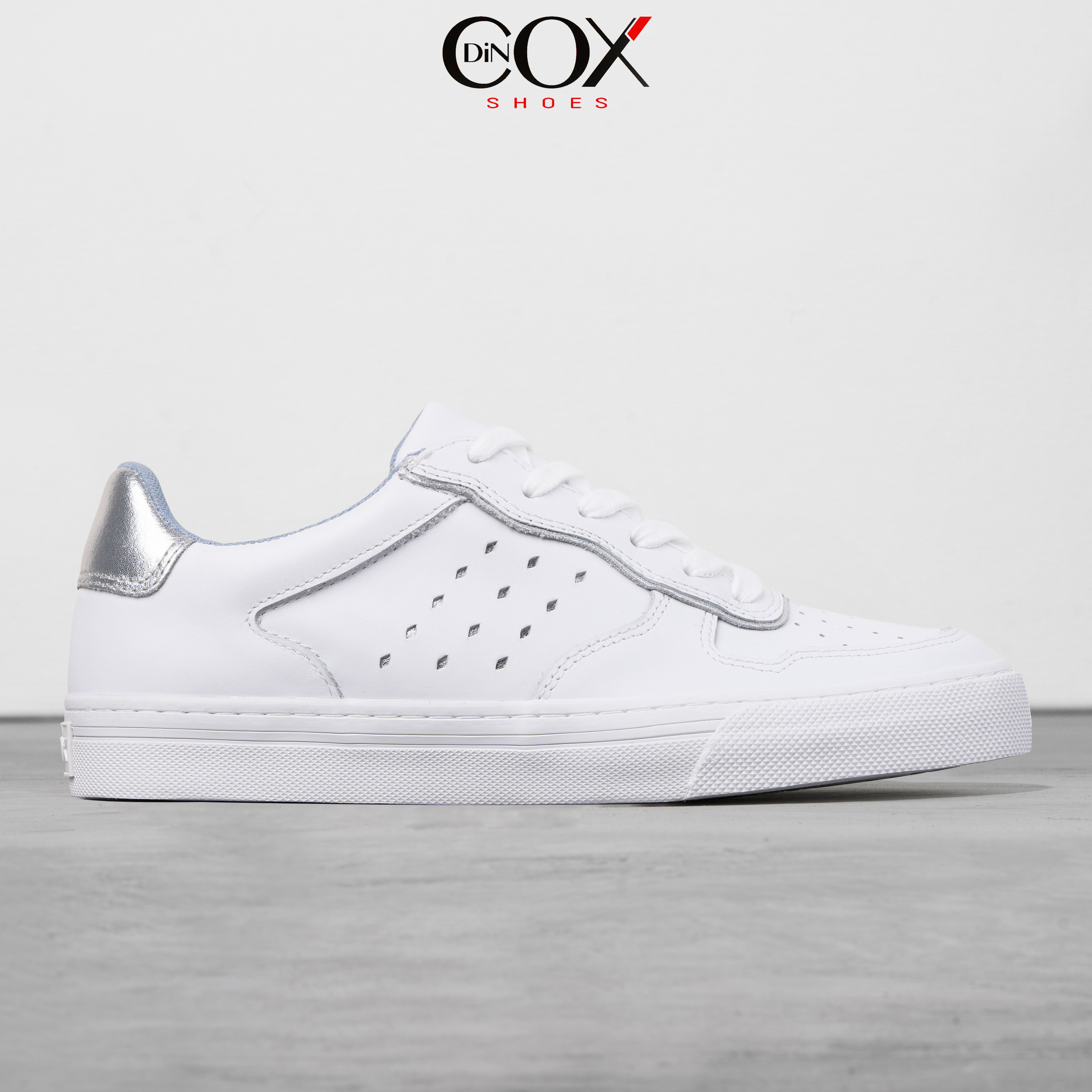 Giày Sneaker Da Bò Thật Nữ DINCOX E03 White Silver Sang Trọng