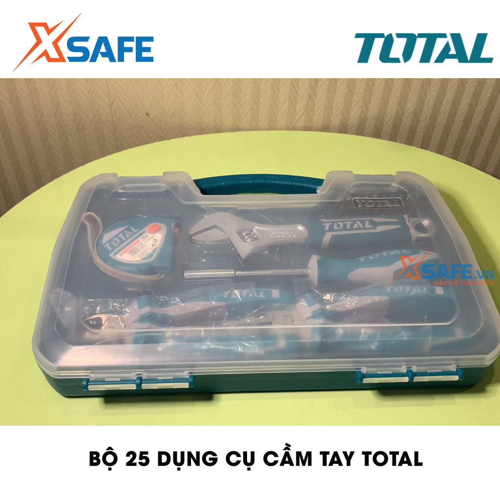 Bộ 25 công cụ dụng cụ cầm tay TOTAL THKTHP90256 phù hợp cho kỹ thuật, công trình, dân dụng.1 cái kiềm kết hợp 7", 1 kiềm cắt chéo 6" , 1 vặn có thể điều chỉnh 8", 1 thước dây,1 chuôi có nam châm 100mm. 20 đầu vít