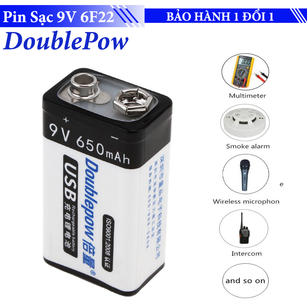 Pin sạc Double Pow 9V 650mAh (Li-ion) có cổng Micro USB sạc trực tiếp