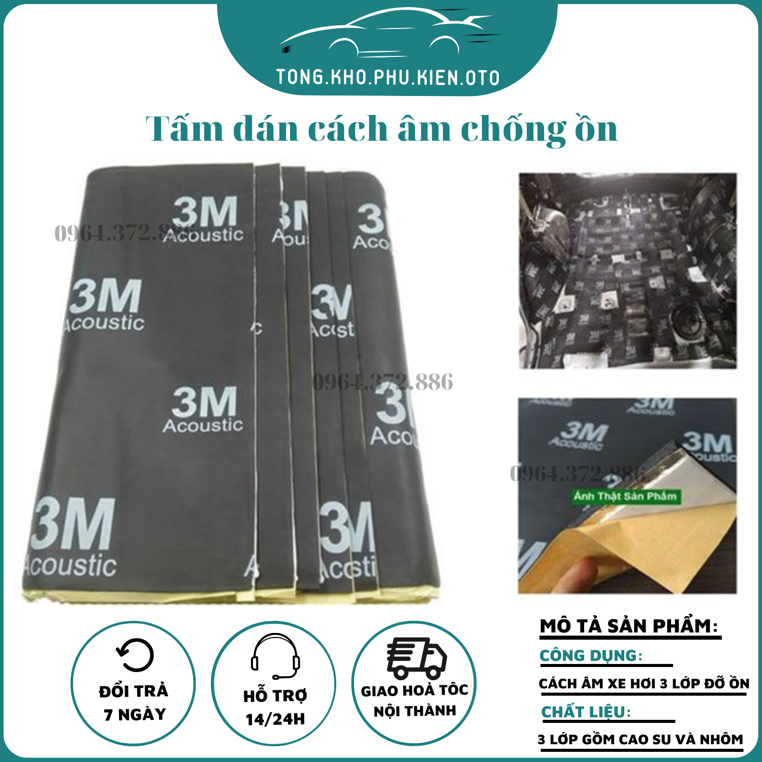 Tấm dán cách âm chống ồn ô tô 3m - bông tiêu âm chống ồn xe hơi 3 lớp, bông tiêu âm 3m chính hãng