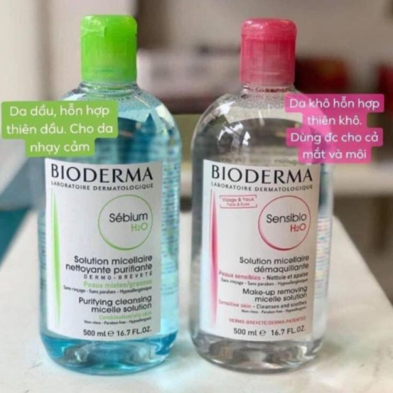 Nước Tẩy Trang Bioderma Crealine màu hồng cho da nhạy cảm, Bioderma Sebium cho da dầu mụn 500ml