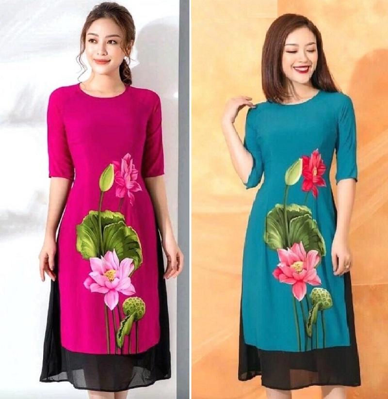 SET ÁO DÀI CÁCH TÂN HOA SEN KÈM CHÂN VÁY