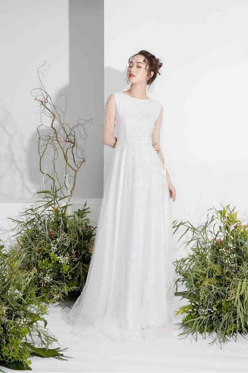 Đầm maxi dạ hội tay dài đính chuỗi ảnh thật