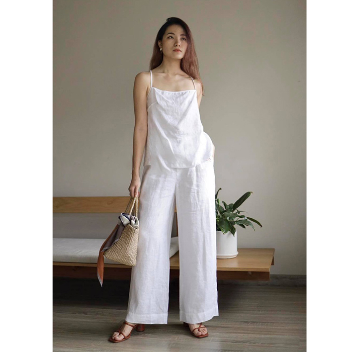 Set bộ linen áo 2 dây kèm quần dài ống rộng slinen - trắng