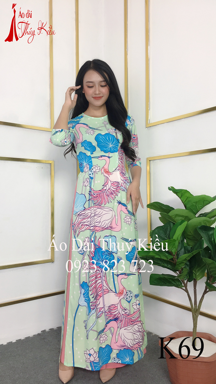 Áo dài nữ truyền thống thiết kế may sẵn tết cách tân nền xanh hồng hạc K69 Thúy Kiều mềm mại co giãn áo dài giá rẻ