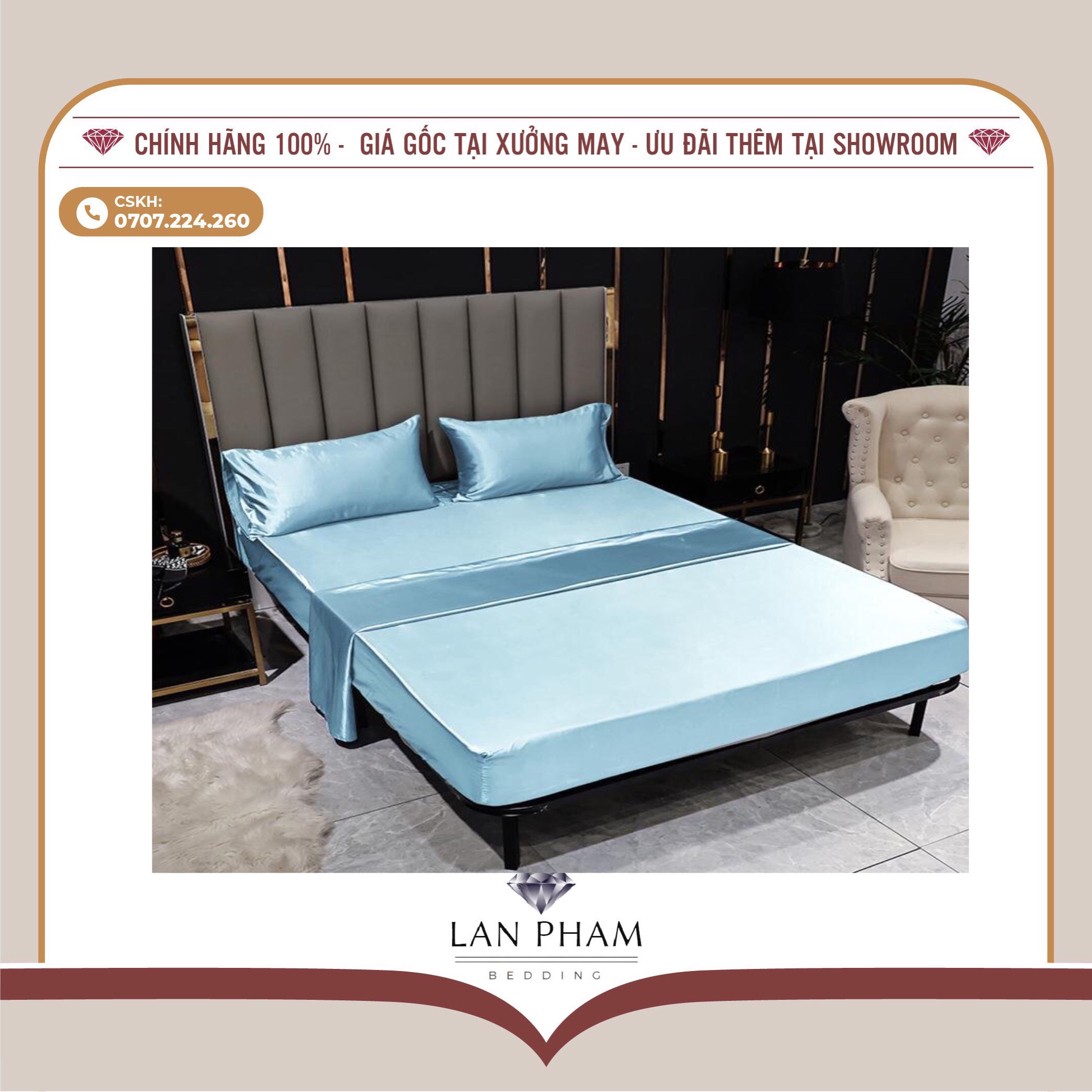 BỘ GA GIƯỜNG DRAP GỐI PHI LỤA MÀU XANH DA TRỜI CAO CẤP LAN BEDDING