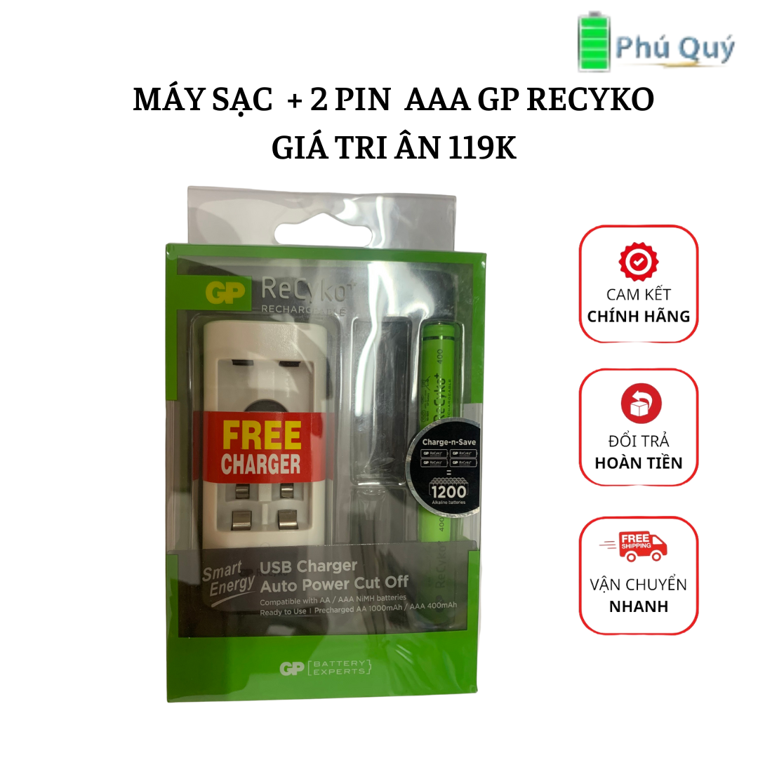Máy Sạc Pin GP 2 Khe Cắm Pin Kèm 2 Pin AAA