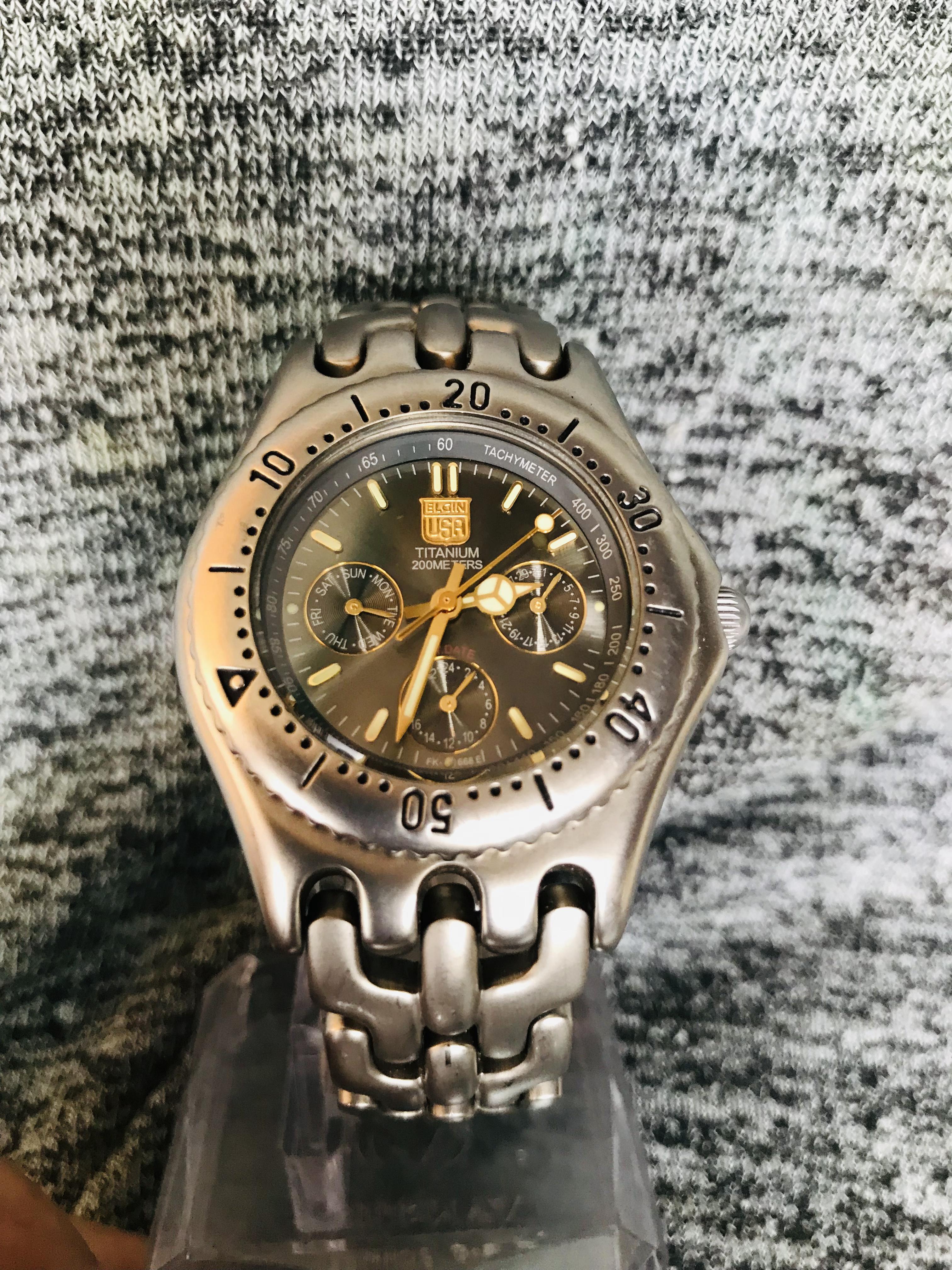 Đồng hồ nam si nhật Elgin USA 6kim titanium kim cọc dạ quang