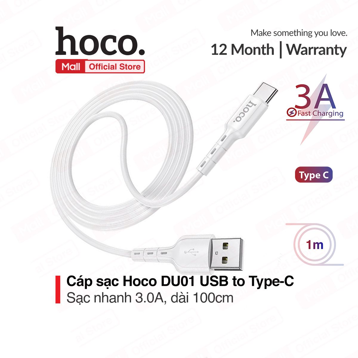 Cáp sạc Hoco DU01 USB to Micro/Lightning/Type-C sạc nhanh 2.4A/3A dài 100cm