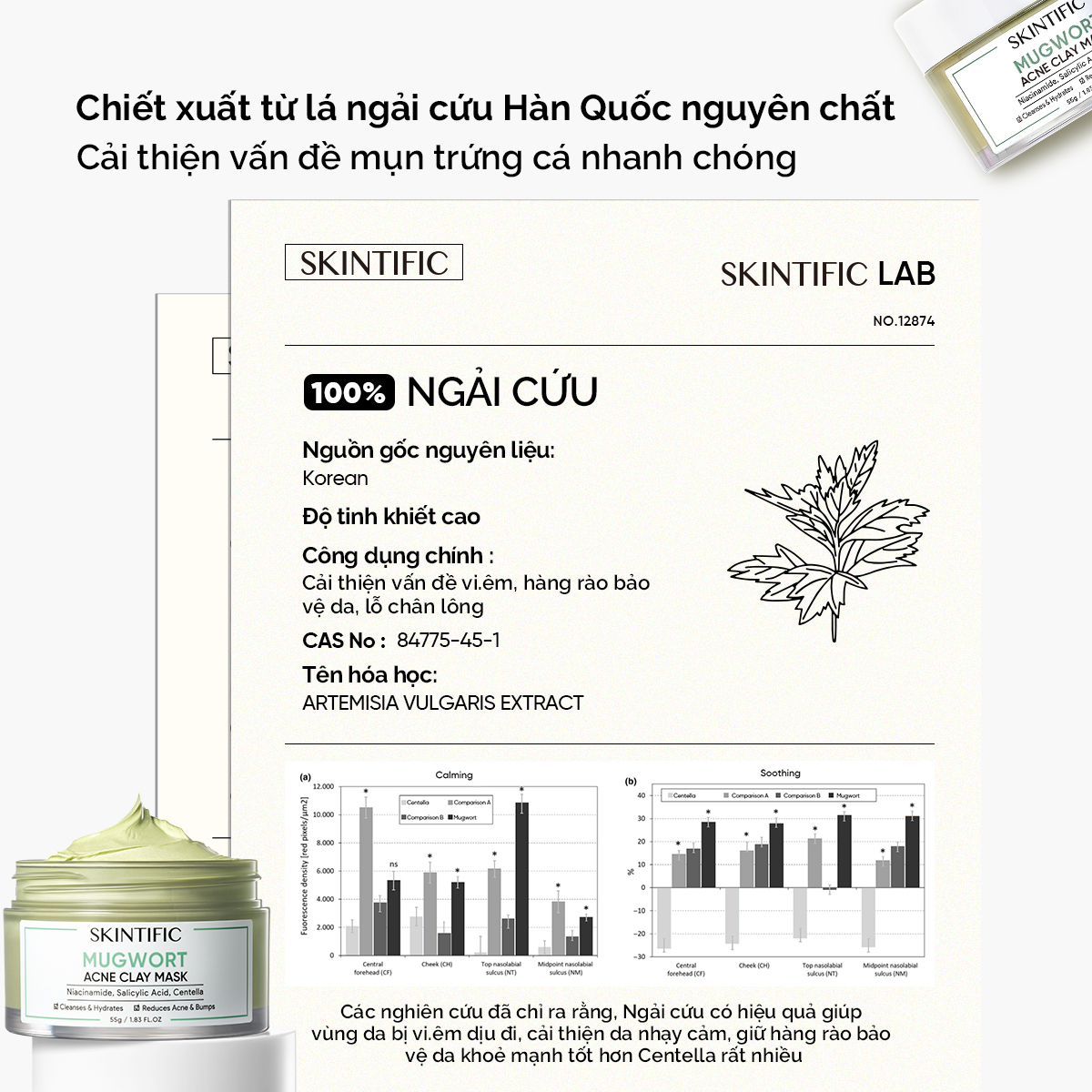 SKINTIFIC Mugwort ANTI PORES & MẶT NẠ ĐẤT SÉT Mặt Nạ bùn MỤN Mặt Nạ Cấp ẩm Mặt Nạ Ngải Cứu 55g