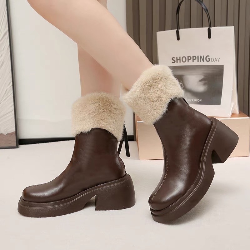 Bốt cổ lửng lông thỏ kéo khoá chất da cao cấp 7cm Lops