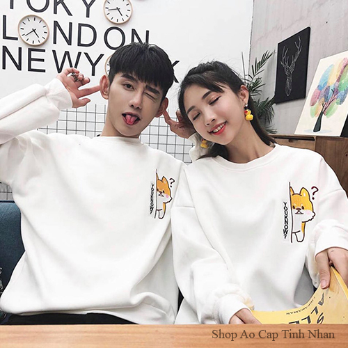 Áo sweater đôi trắng hình cáo (giá 2 áo)
