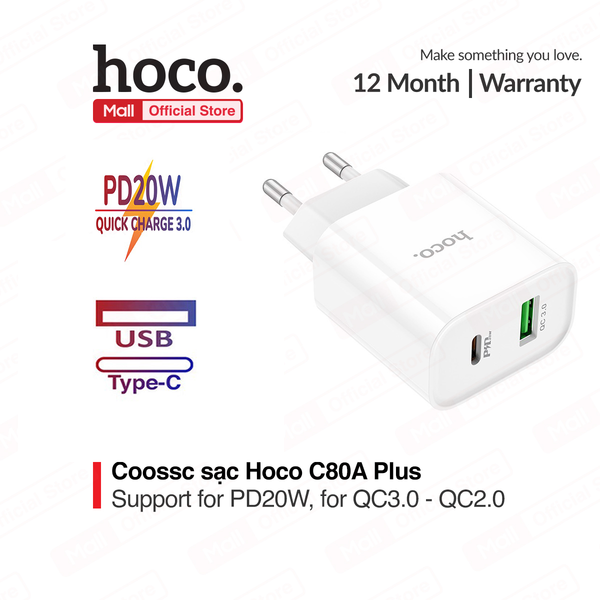 Củ sạc nhanh hoco c80a plus sạc nhanh pd20w qc3.0/2.0 gồm 2 cổng usb/type-c chống cháy chất liệu pc