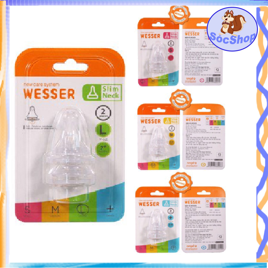 Wesser Núm vú thay thế bình cổ thường (2 cái/vĩ) , Núm Ti cổ hẹp SIlicone Mềm Không BPA