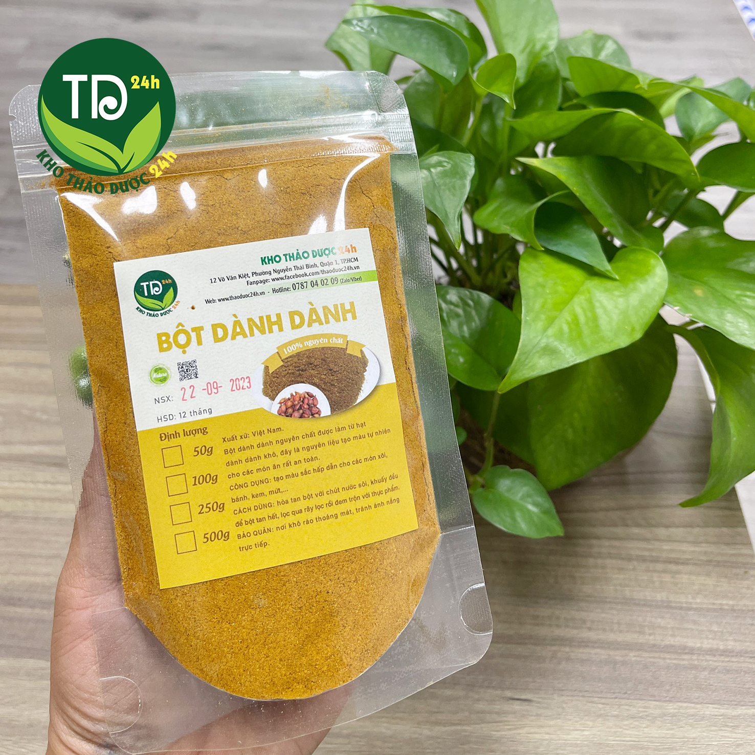 Bột quả dành dành nguyên chất 100%, tạo màu vàng tự nhiên, dùng làm xôi, bánh, thạch chè, rau câu, mứt, ATVSTP