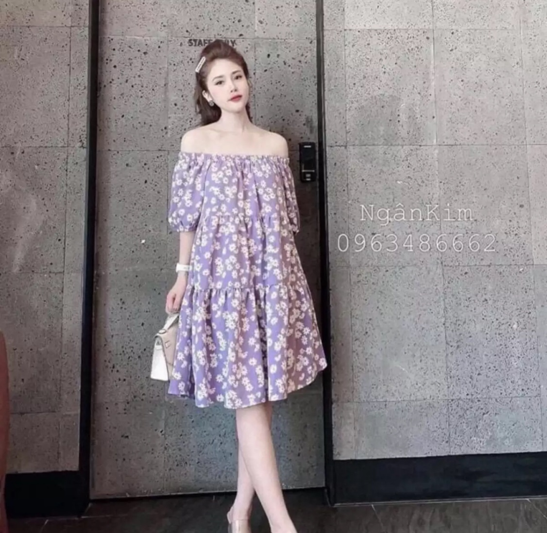 [HCM]Đầm babydoll hoa trễ vai