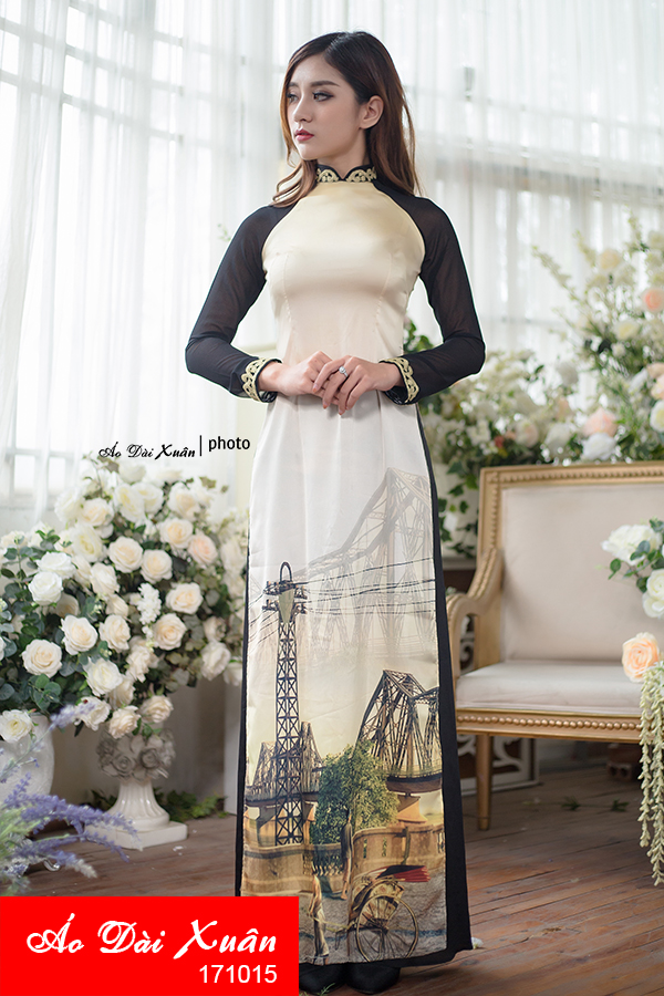 áo dài in tranh cầu Long Biên vải lụa