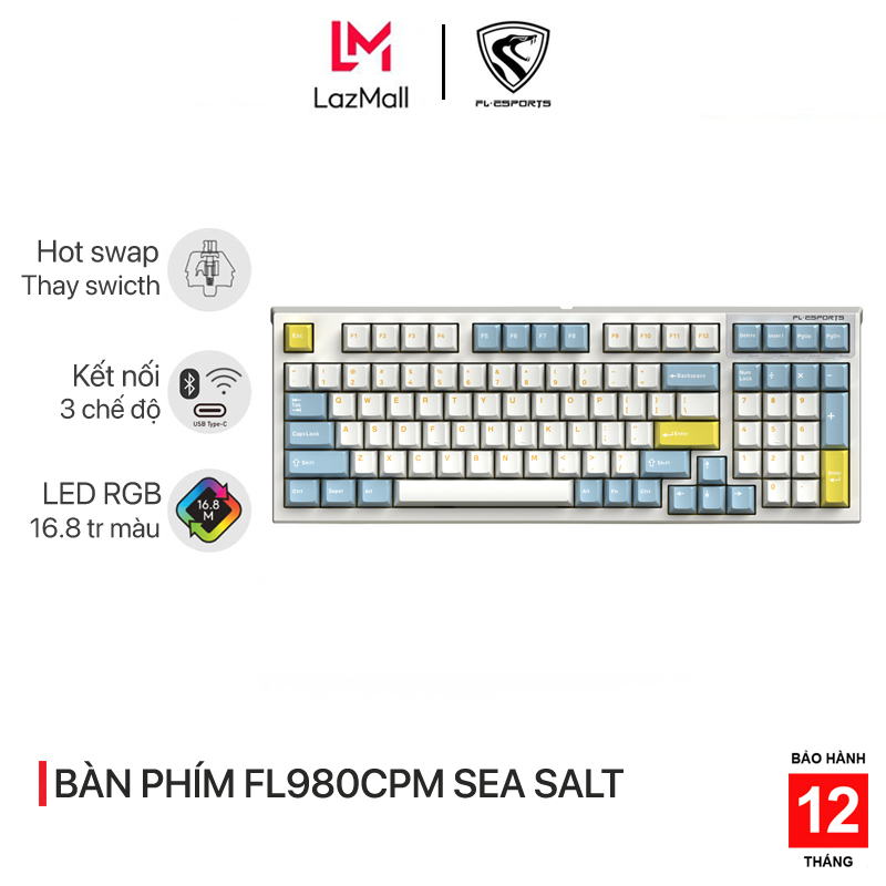 Bàn phím cơ không dây FL-Esports FL980CPM Sea Salt RGB - Led RGB - 3 chế độ kết nối - Kailh Switch - Hàng chính hãng