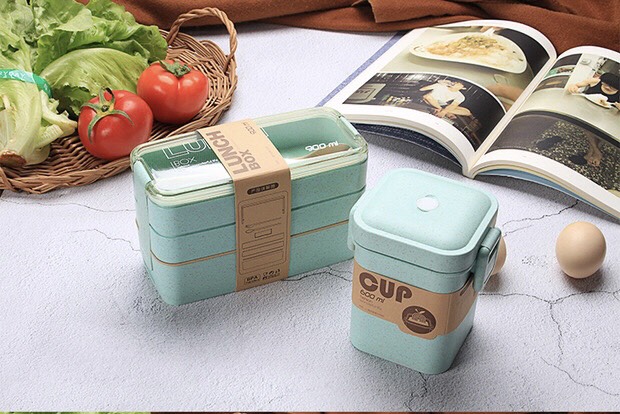 Hộp đựng cơm Lunch box lúa mạch ba tầng kèm đũa thìa cao cấp