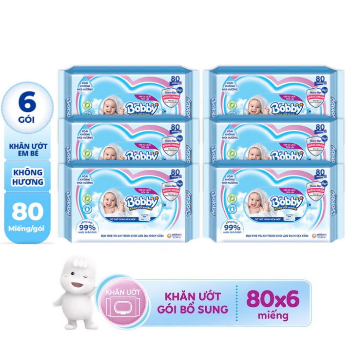 Combo 6 gói khăn giấy ướt Bobby Nano bạc kháng khuẩn (80 tờ x 6 gói)
