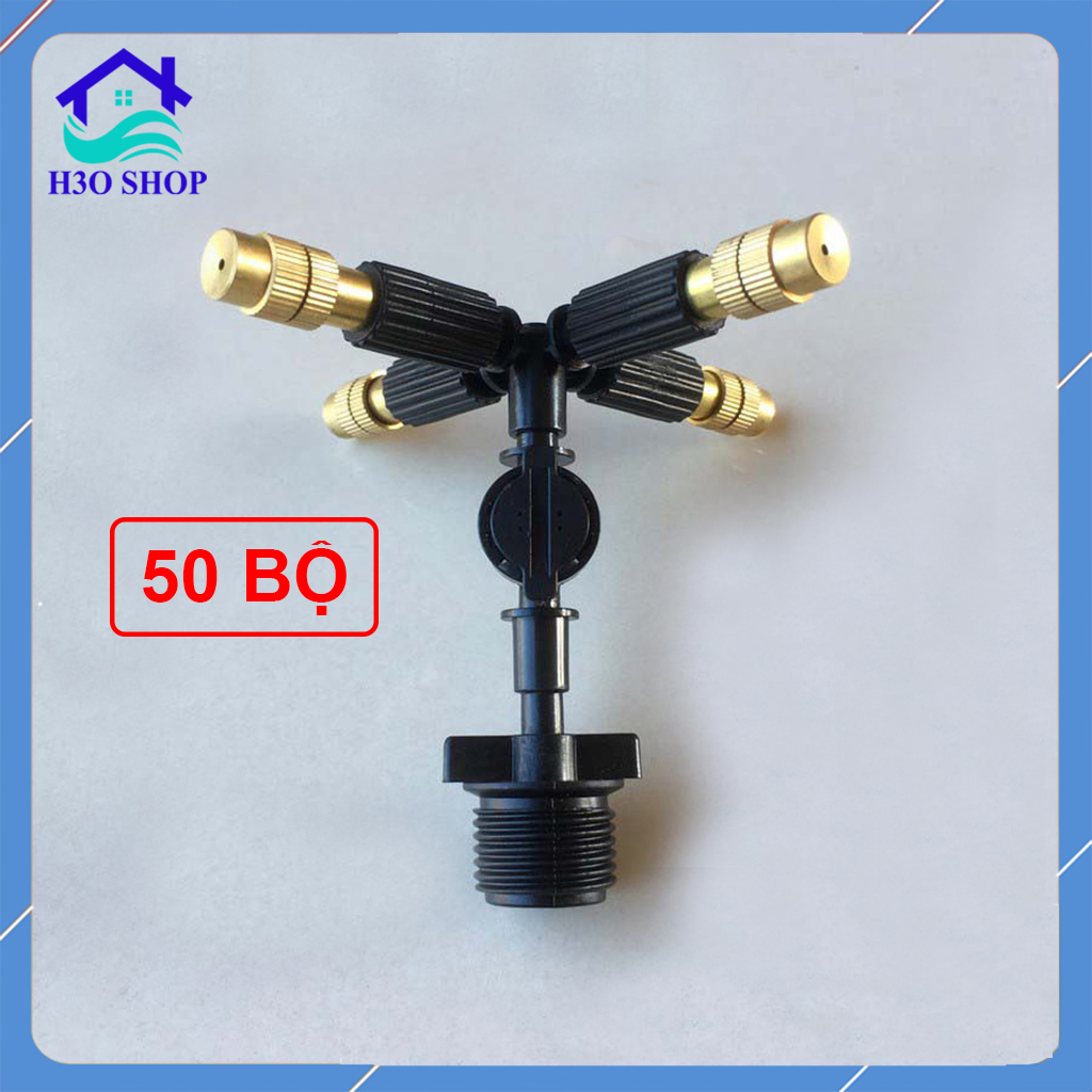50 bộ béc phun sương tưới lan 4 hướng đầu đồng kèm ren nối ống 21mm và van chống rỉ nước