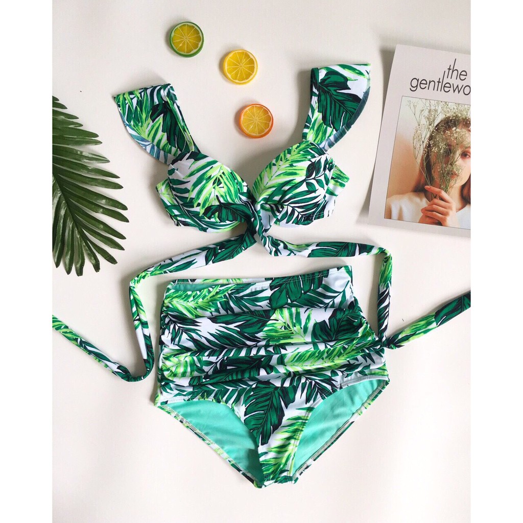 Bikini đồ bơi đi biển hai mảnh hoa lá xanh quần nhún cạp cao secxy ag008
