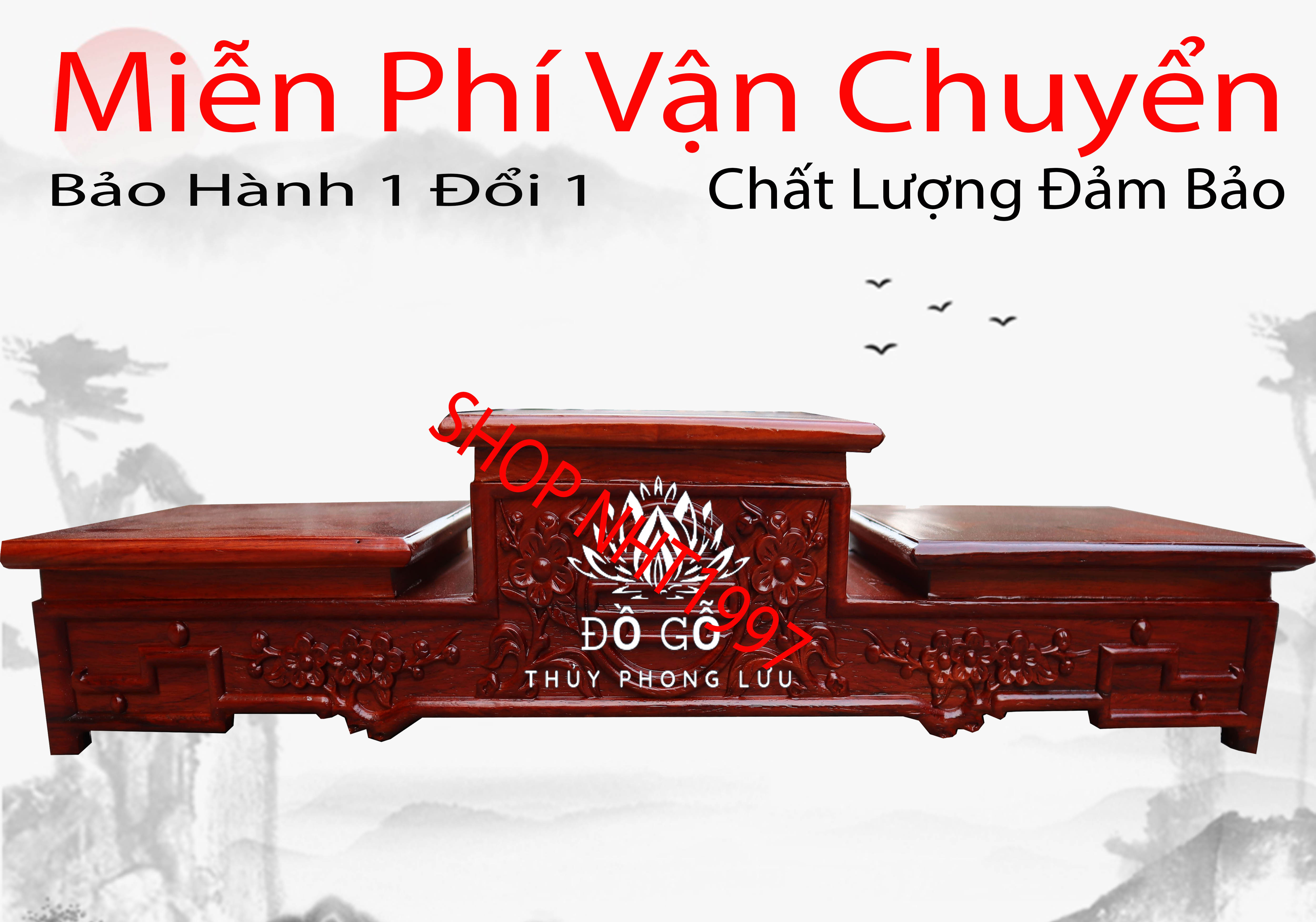 Tam sơn thờ tam cấp để bát hương gỗ hương cao cấp(loài đục nền)