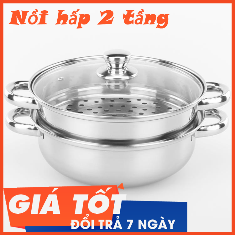 Nồi hấp - Nồi lẩu - Nồi hấp 2 tầng bằng inox cao cấp Hot Pot -Tặng kèm bộ 3 thìa inox