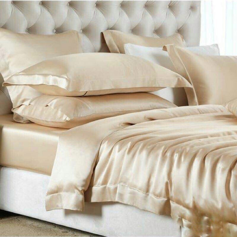 ( Lụa Loại 1) Bộ 4 Món Ga Gối Phi Lụa Màu Vàng Kem Cao Cấp Mềm Mại Lan Pham Bedding