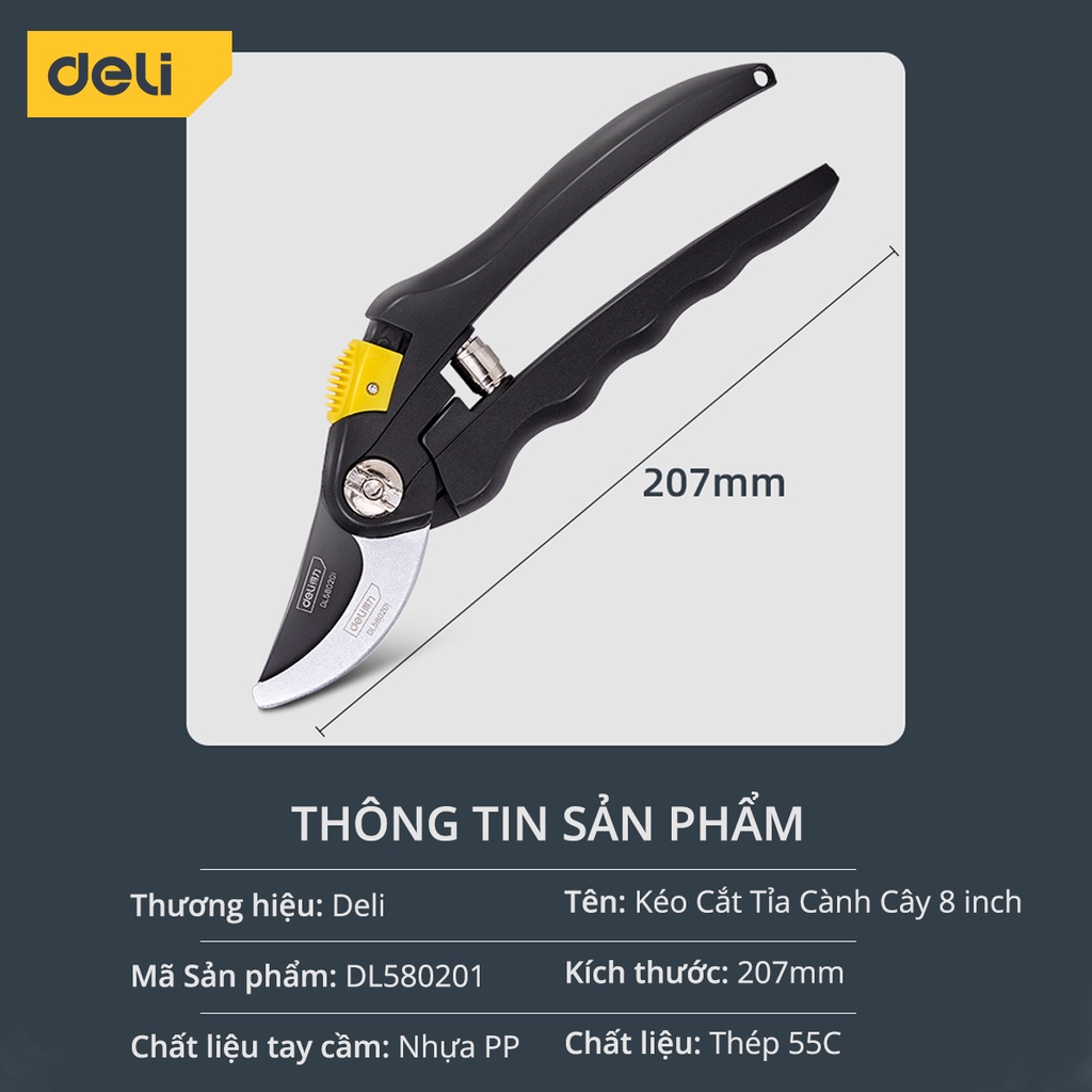 Kéo cắt tỉa cành cây deli chính hãng 8inch - lưỡi thép sắc bén, siêu bền, tay cầm đệm cao su an toàn, chắc chắn dl580201