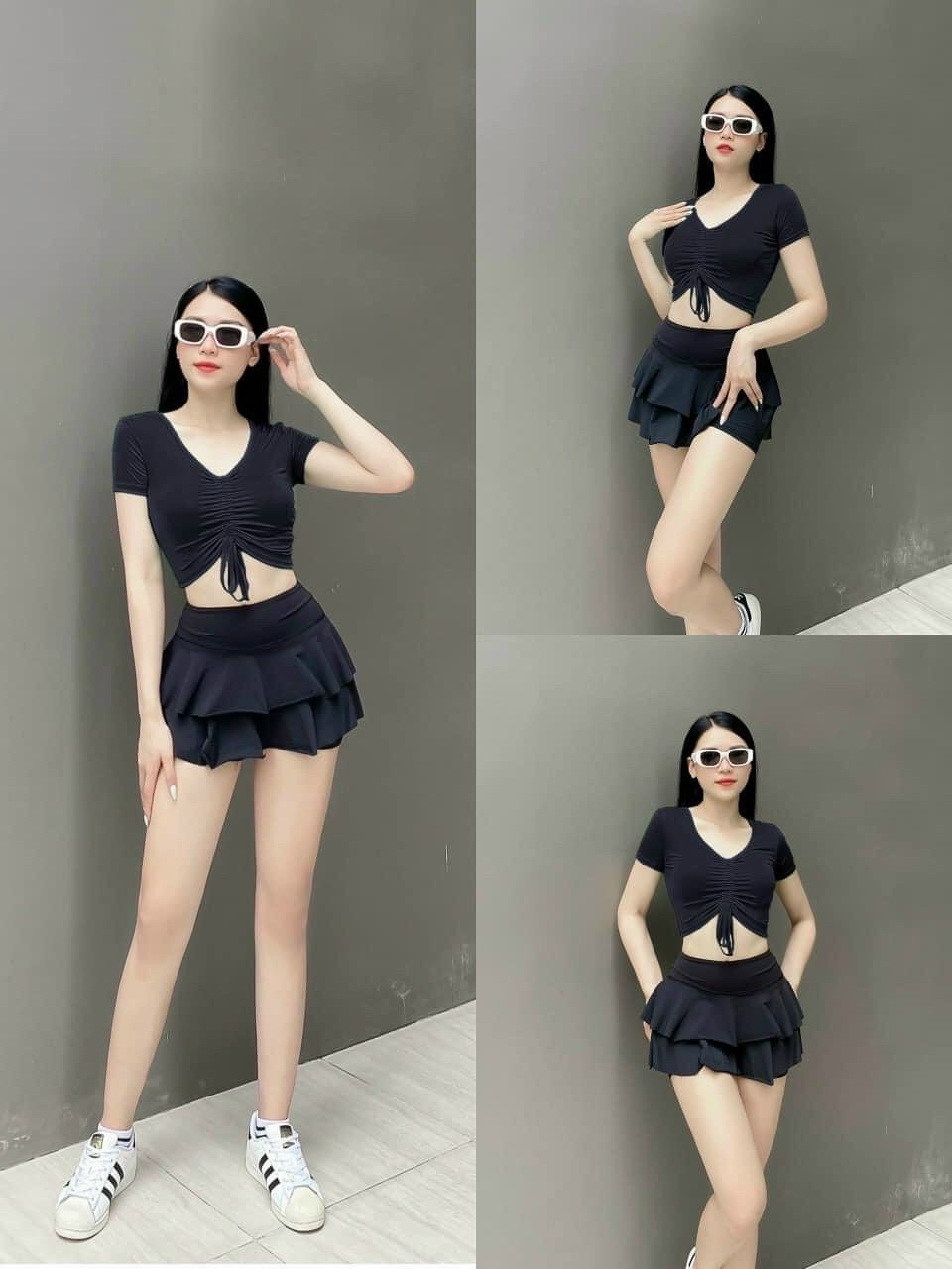 Bikini đi biển đồ bơi nữ 2 mảnh áo tay ngắn dây rút ngực mix quần váy dây rút