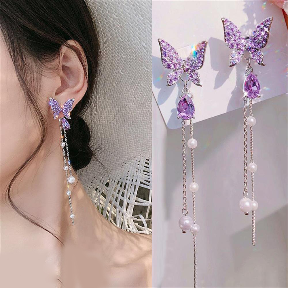 Bông tai thả đính ngọc trai hình bướm dễ thương dành cho nữ