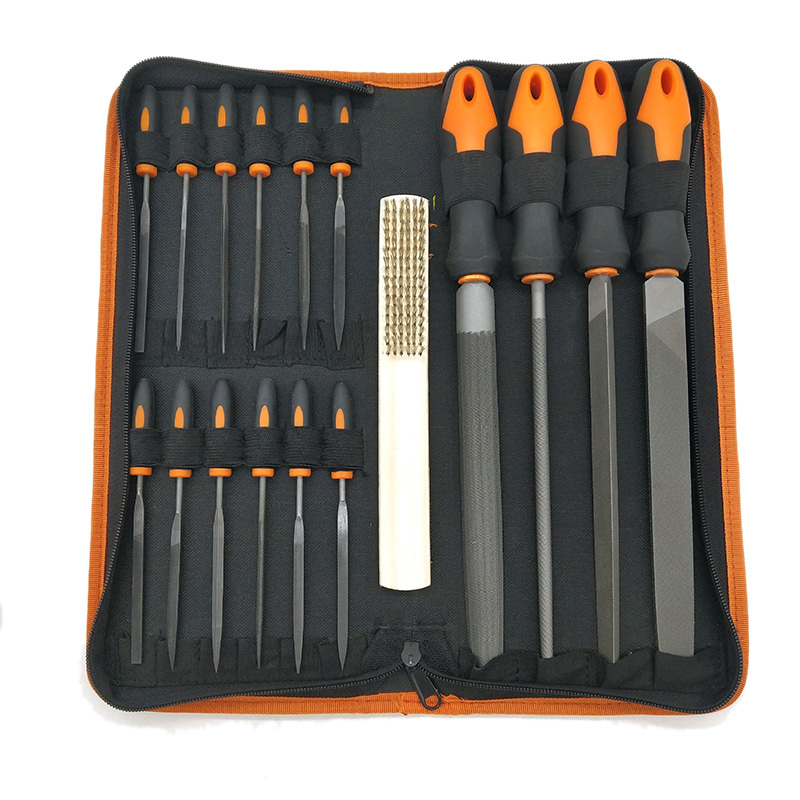 17Pcs Forged Alloy Steel File Set with Carry Case, Precision Flat/Triple-cornered/Half-Round/Round Large File and 12Pcs Needle Files, Soft Rubbery Handle, Shaping Tool