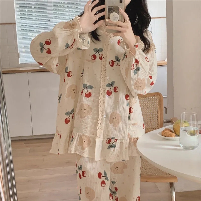 🌸🌸Bộ đồ ngủ Pyjama mềm mại cổ tròn nhiều nút đầu gấu cherry🌸🌸