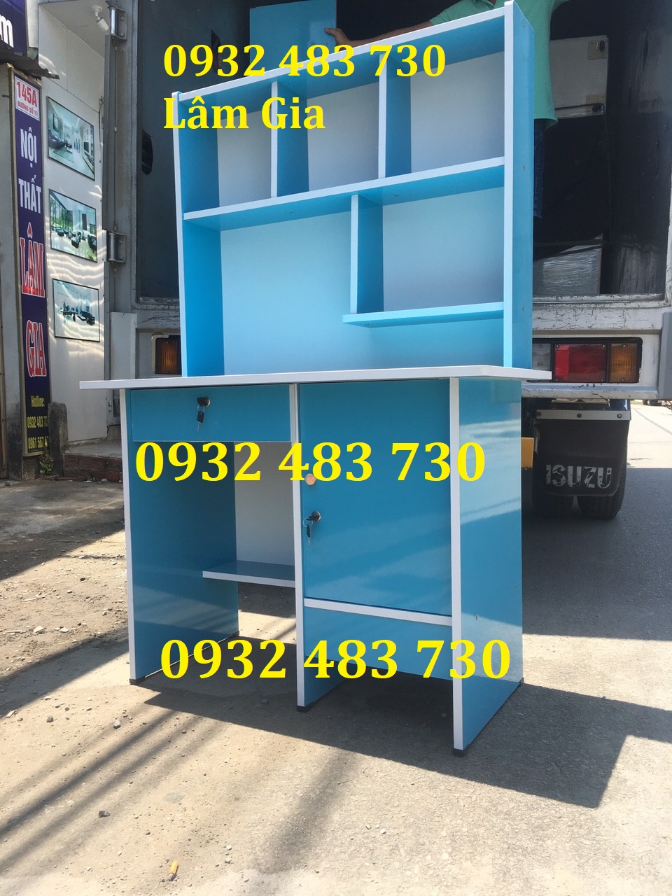 Bàn học sinh liền kệ , hộc tủ , ngăn kéo khóa rộng 1m màu kem Freeship HCM