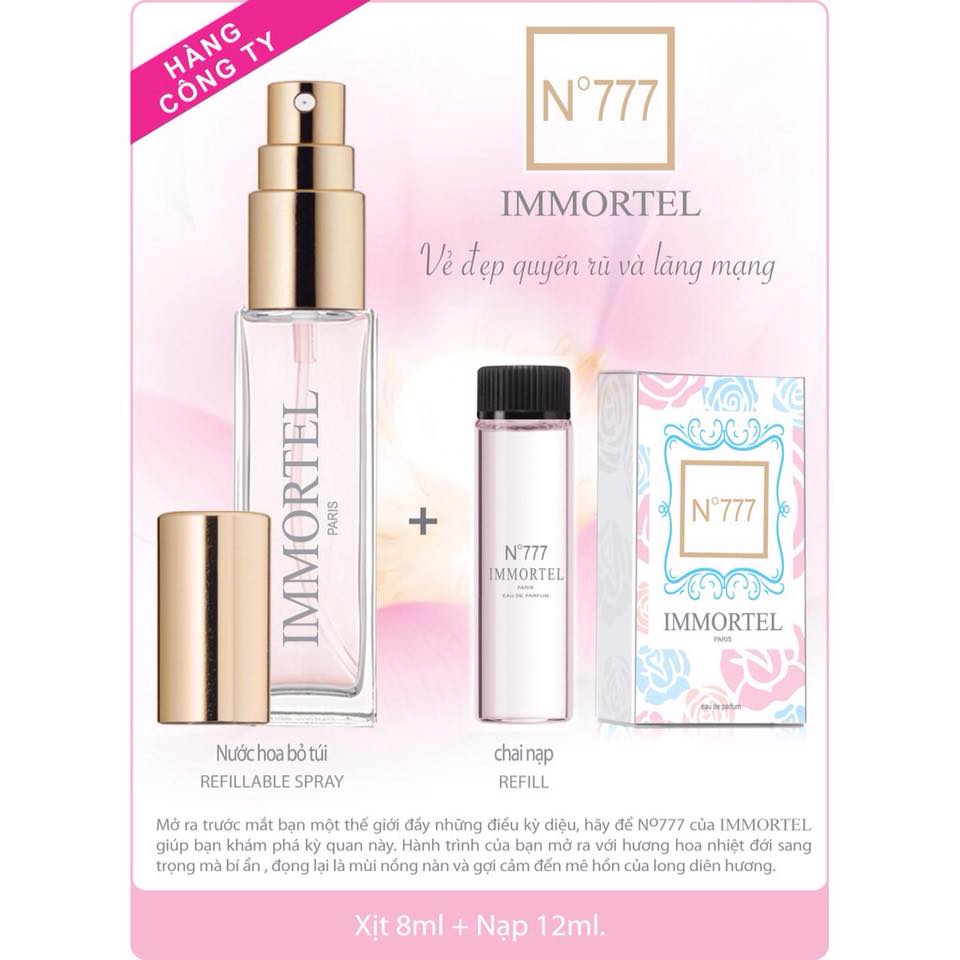 Nước Hoa IMMORTEL No 777 (GỒM CHAI XỊT 8 ml + CHAI NẠP 12 ml) Eau de parfum
