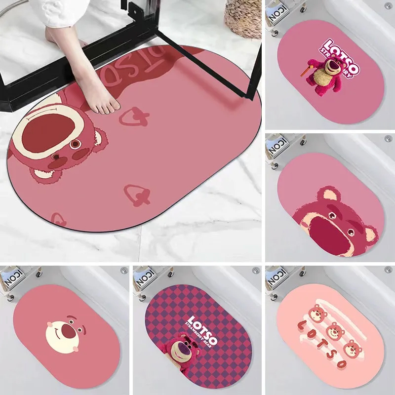 Tấm thảm chân silicon gấu hồng chống trượt nhiều mẫu, thảm oval dậm chân bathroom hình gấu cute, thảm lông lau chân lót sàn, thảm bathroom hình oval