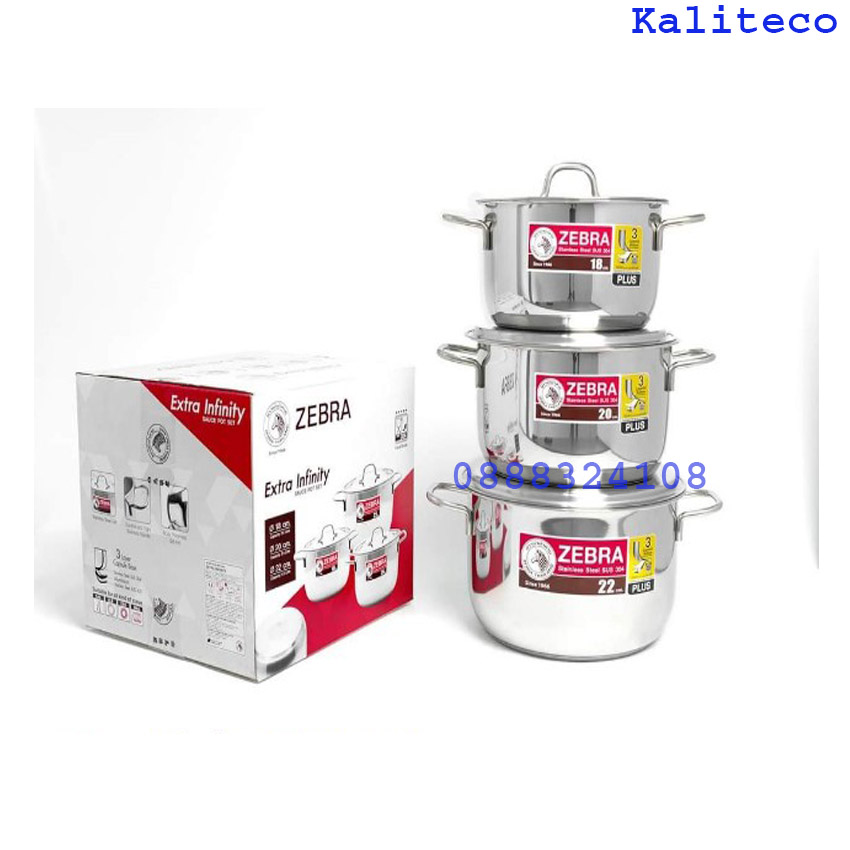 Nồi bộ 3 đáy inox zebra nắp phẳng 18cm 20cm 22cm 180827-kaliteco