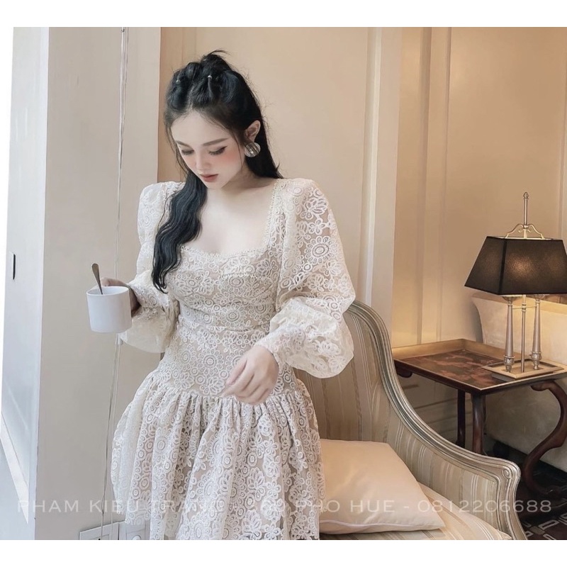 (Có bigsize) Đầm ren tay phồng cúp dự tiệc
