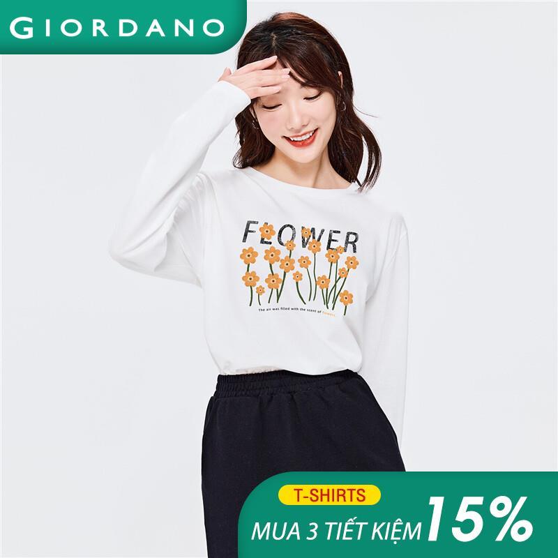 Áo thun nữ T-shirt cổ tròn tay áo dài phối hình thời trang chất vải cotton thoải mái thường ngày GIORDANO Free Shipping 99392098
