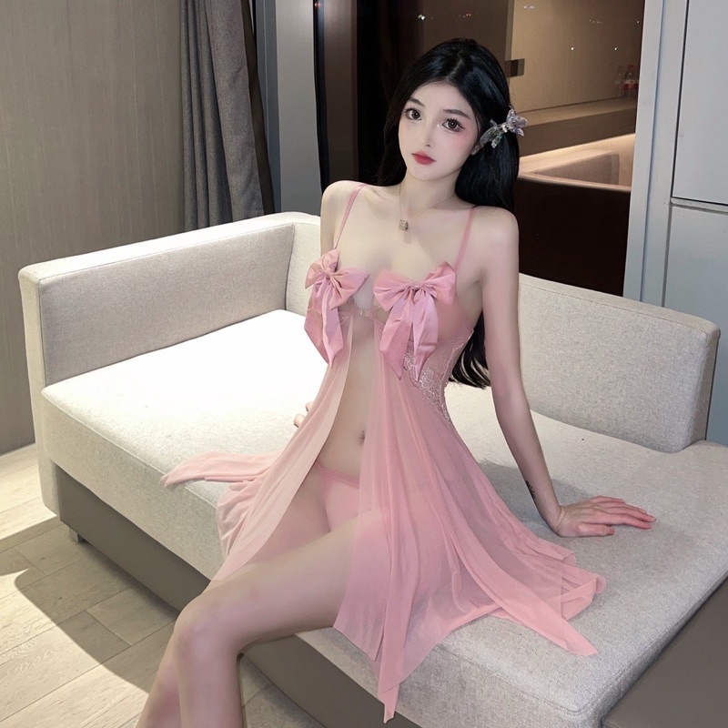 HOÀN TIỀN 15% - Tặng Kèm Quần Chíp  💥  Váy ngủ / Đầm  ngủ cài trước đính nơ siêu xinh D353 - Đồ ngủ nữ