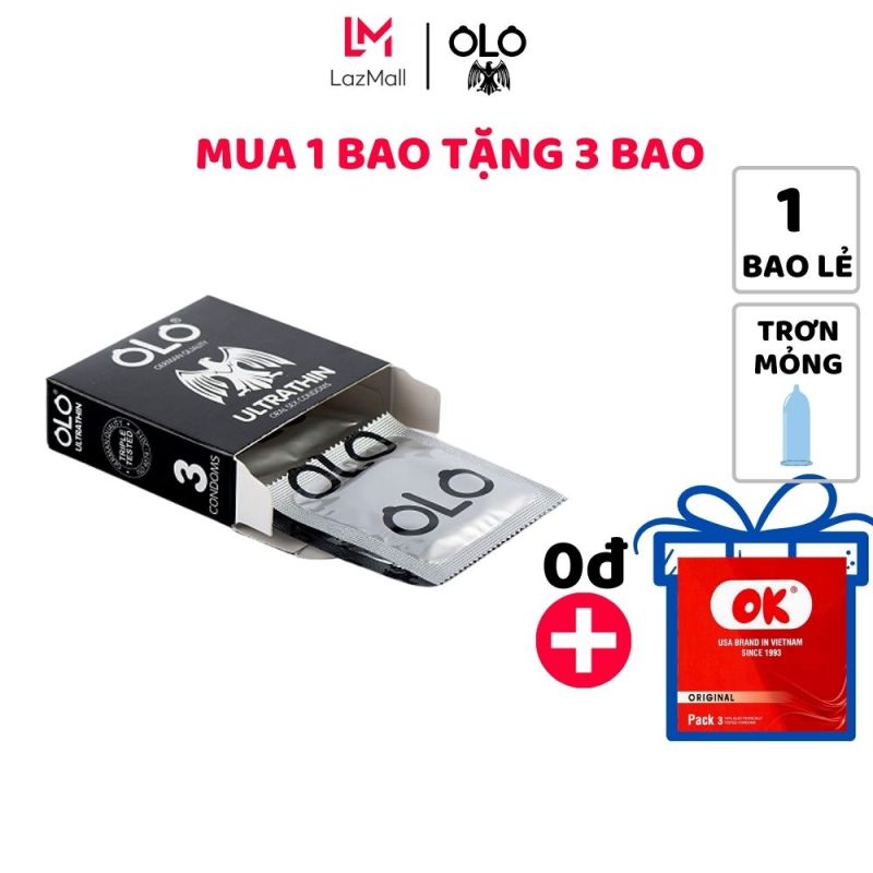 Bao cao su OLO Ultrathin Oral 1 bao lẻ tặng 1 hộp 3 bao trơn mỏng chống tuột kéo dài thời gian