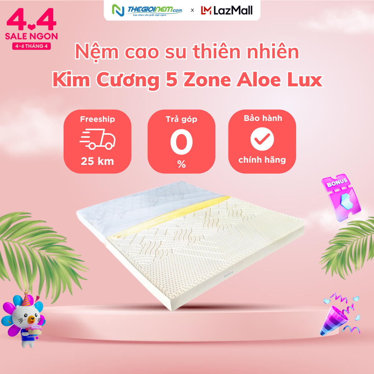 [Trả góp 0%] Nệm Cao Su Thiên Nhiên Kim Cương 5 ZONE ALOE-Bảo hành 12 năm