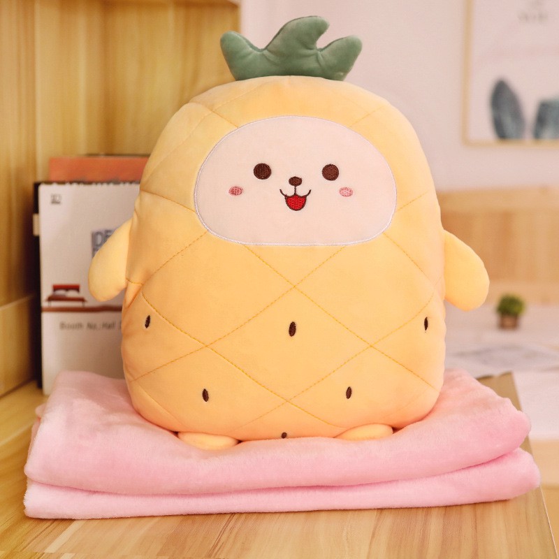 Bộ chăn (mền) kèm gối đa năng nhiều tác dụng cho người lớn và trẻ em hình hoa quả đáng yêu: làm gối ngủ văn phòng, chăn đắp khi ngủ cho cá nhân, gối tựa lưng, 2 bên có chỗ luồn tay đặc biệt tiện dụng cho mùa đông