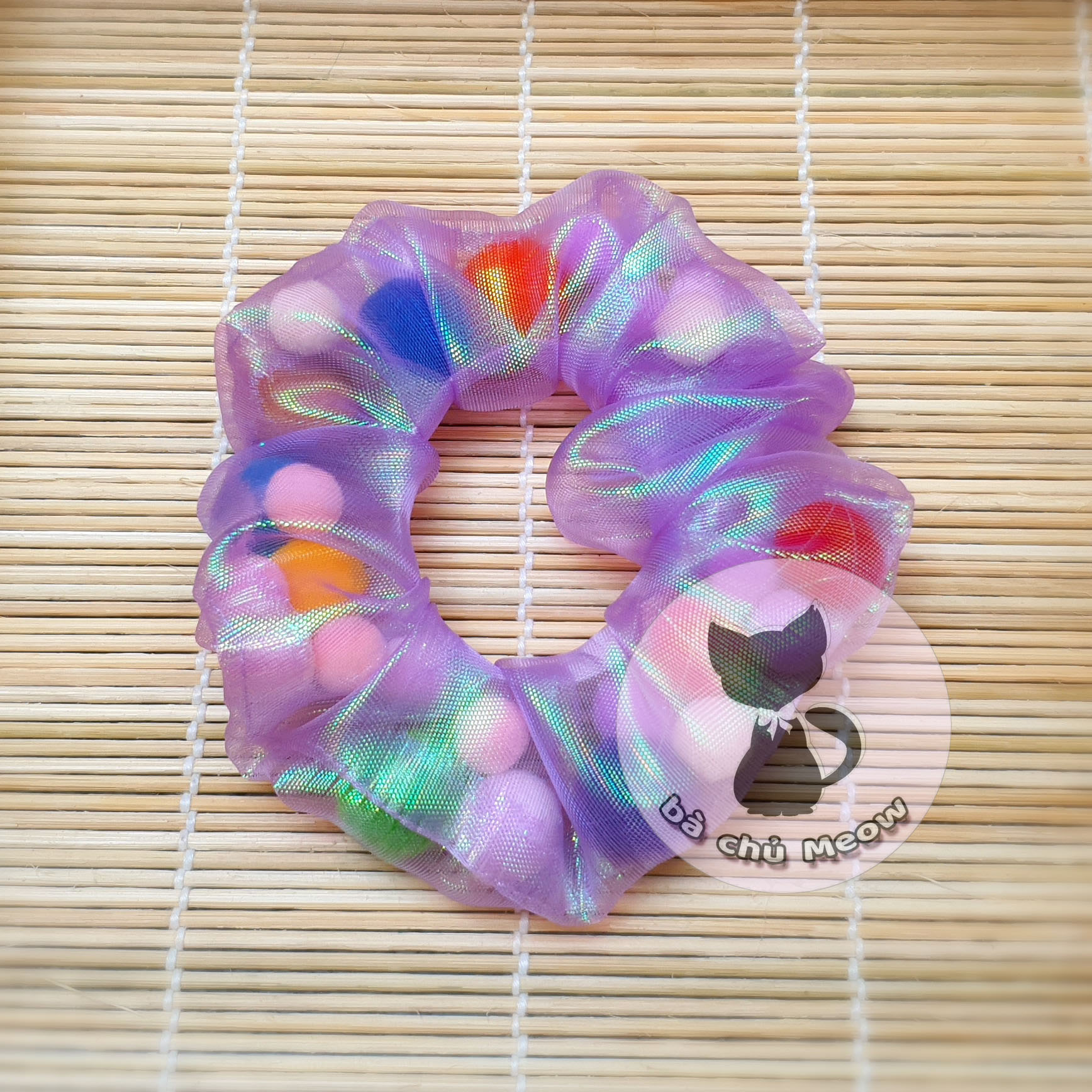 Scrunchies pom pom - đồ cột tóc hạt lăn lóc - dây cột tóc voan dạ quang