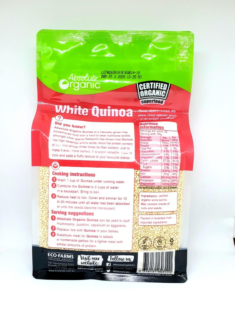 Hạt Diêm Mạch Trắng Của Úc Absolute Organic White Quinoa 1kg