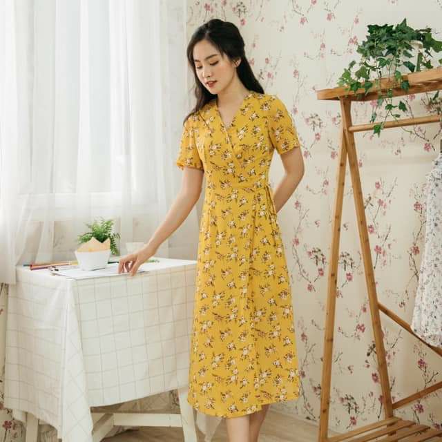 (Ảnh Thật ) Đầm Hoa Vàng Nhí Thắt Eo