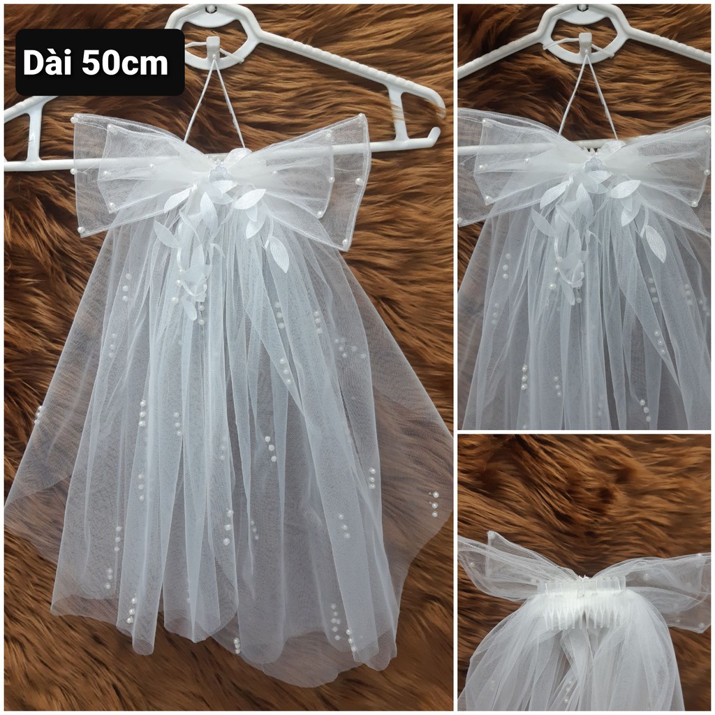 [HCM]Voan cài tóc cô dâu ngắn đính nơ voan lớn đính hạt trai kèm hoa phi bóng kết dây hạt trai thả Giangpkc 9-2020